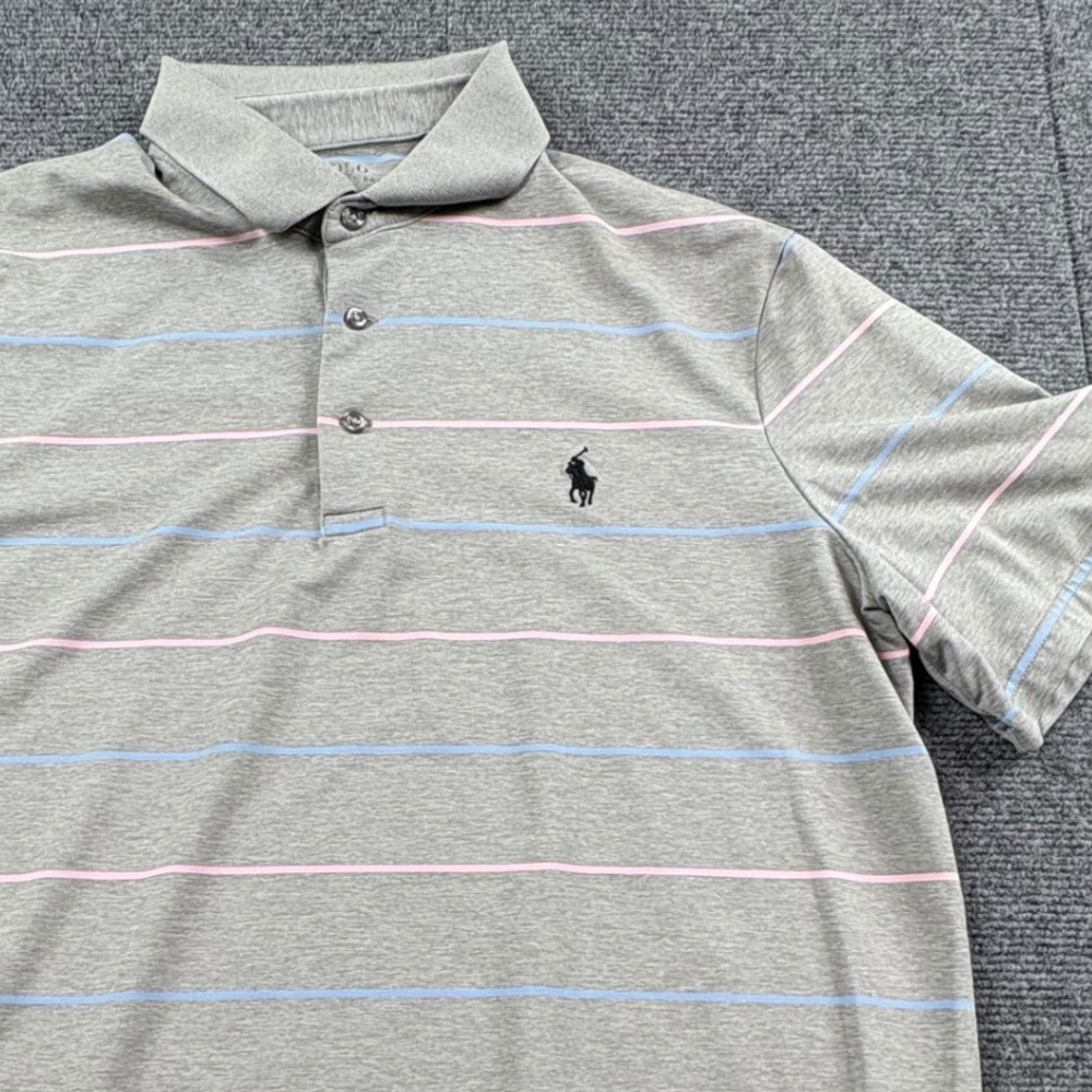 Polo Ralph Lauren Performance Mens Gray Pink Blue Striped Golf Polo Shirt Medium